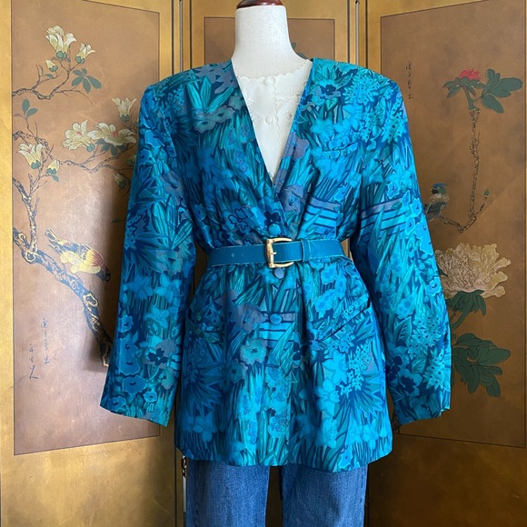 Vintage blazer with teal and turquoise floral print, size 10 - Picture 1 of 5